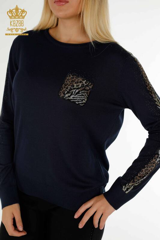 Wholesale Women's Knitwear Sweater Crew Neck Navy Blue - 30465 | KAZEE