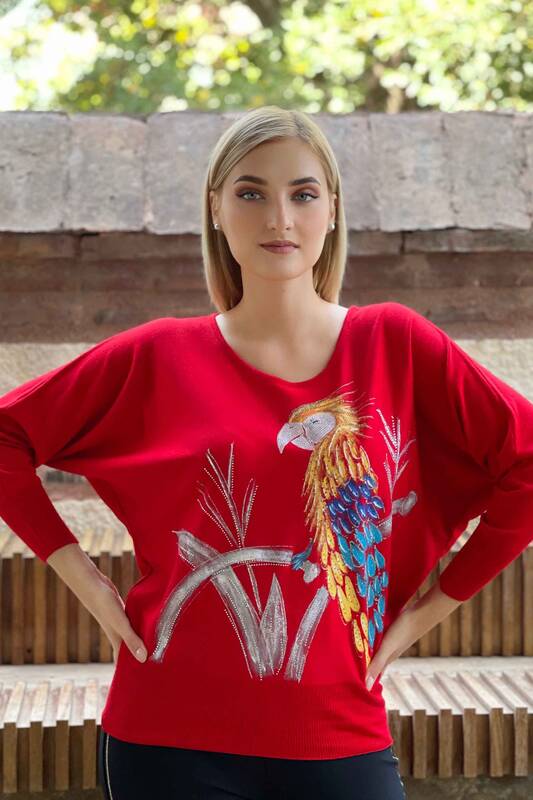 Wholesale Women's Knitwear Sweater Crew Neck Parrot Pattern - 16513 | KAZEE