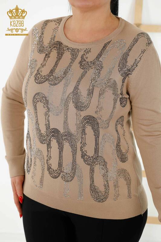 Wholesale Women's Knitwear Sweater - Crystal Stone Embroidered - Beige - 16964 | KAZEE