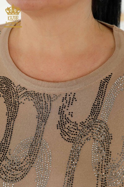 Wholesale Women's Knitwear Sweater - Crystal Stone Embroidered - Beige - 16964 | KAZEE - Thumbnail