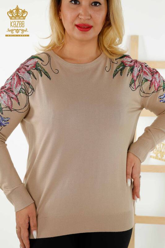Wholesale Women's Sweater - Crystal Stone Embroidered - Beige - 30230 | KAZEE