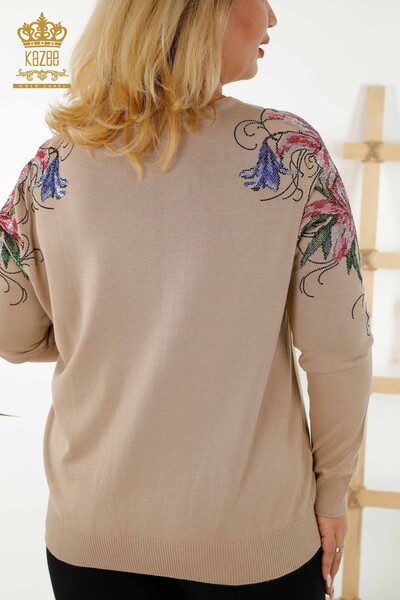 Wholesale Women's Sweater - Crystal Stone Embroidered - Beige - 30230 | KAZEE - Thumbnail