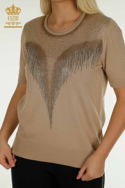 Wholesale Women's Knitwear Sweater Crystal Stone Embroidered Beige - 30330 | KAZEE - Thumbnail