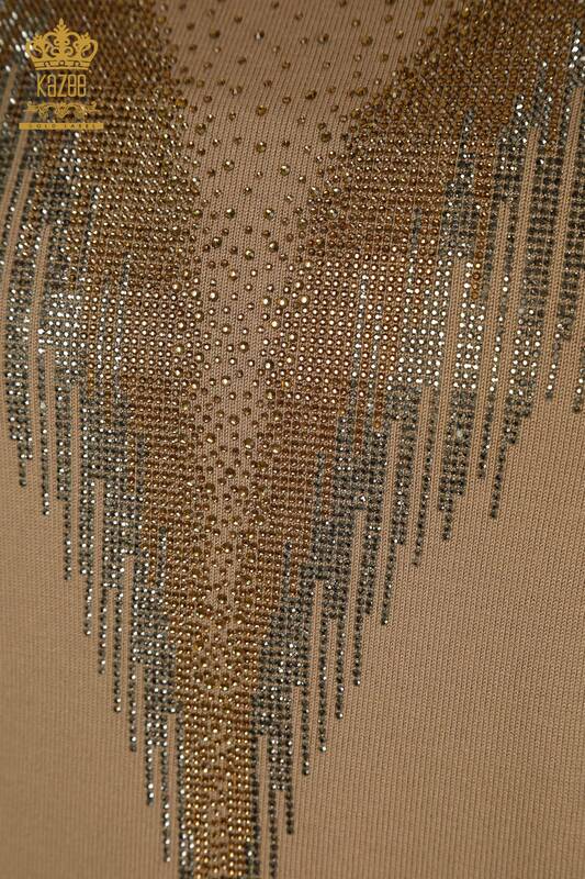 Wholesale Women's Knitwear Sweater Crystal Stone Embroidered Beige - 30330 | KAZEE