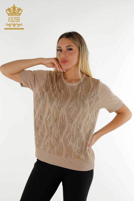 Wholesale Women's Knitwear Sweater Crystal Stone Embroidered Beige - 30332 | KAZEE