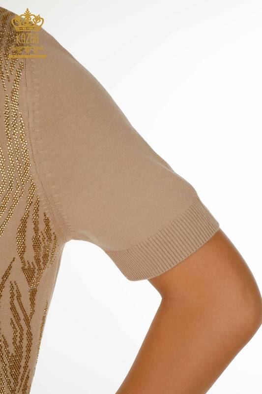 Wholesale Women's Knitwear Sweater Crystal Stone Embroidered Beige - 30332 | KAZEE