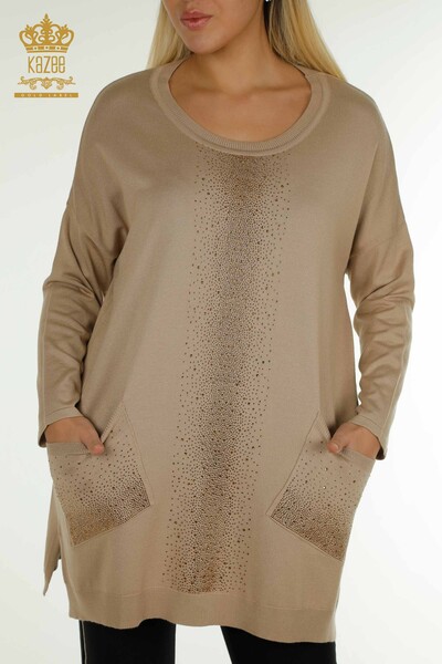 Wholesale Women's Knitwear Sweater Crystal Stone Embroidered Beige - 30602 | KAZEE - Thumbnail