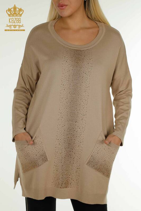 Wholesale Women's Knitwear Sweater Crystal Stone Embroidered Beige - 30602 | KAZEE