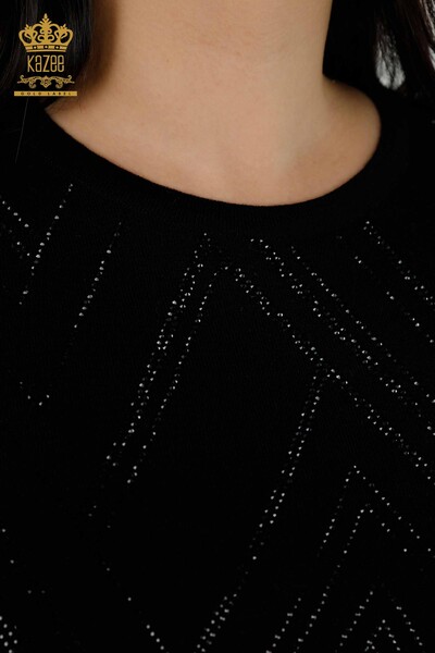 Wholesale Women's Knitwear Sweater Crystal Stone Embroidered Black - 16725 | KAZEE - Thumbnail