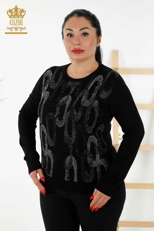 Wholesale Women's Knitwear Sweater - Crystal Stone Embroidered - Black - 16964 | KAZEE