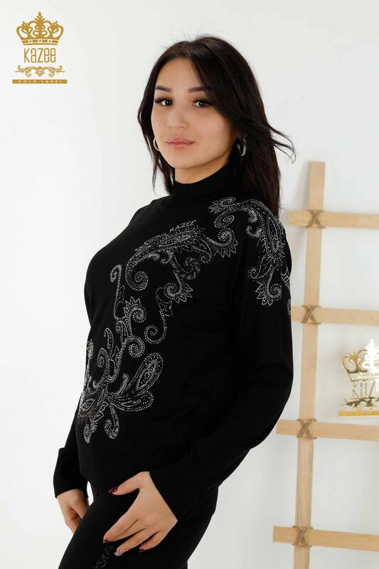 Wholesale Women's Knitwear Sweater - Crystal Stone Embroidered - Black - 30013 | KAZEE