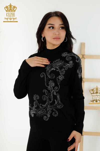 Wholesale Women's Knitwear Sweater - Crystal Stone Embroidered - Black - 30013 | KAZEE - Thumbnail