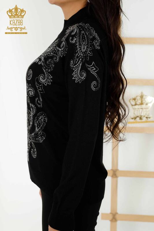 Wholesale Women's Knitwear Sweater - Crystal Stone Embroidered - Black - 30013 | KAZEE