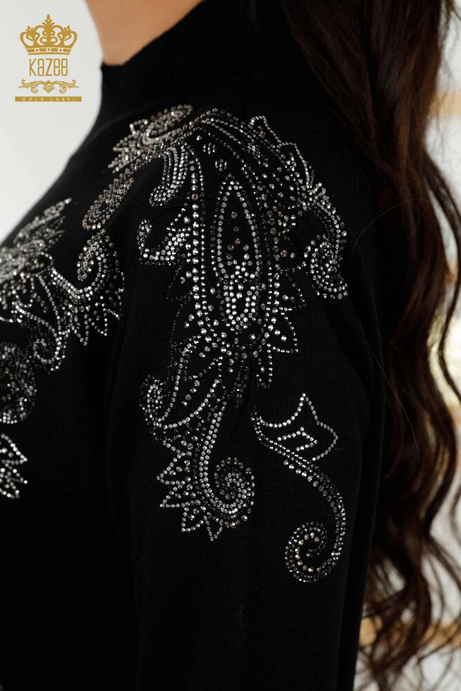 Wholesale Women's Knitwear Sweater - Crystal Stone Embroidered - Black - 30013 | KAZEE - 8