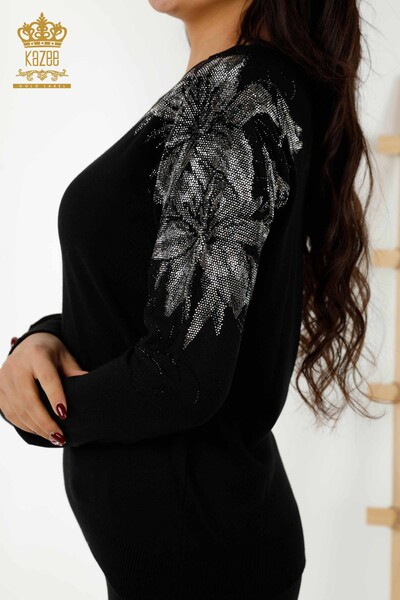 Wholesale Women's Knitwear Sweater Crystal Stone Embroidered Black - 30210 | KAZEE - Thumbnail