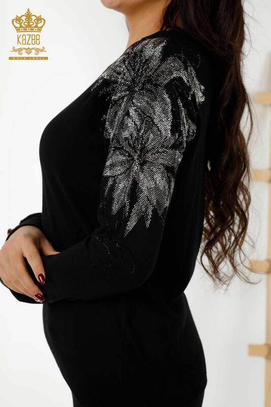 Wholesale Women's Knitwear Sweater Crystal Stone Embroidered Black - 30210 | KAZEE