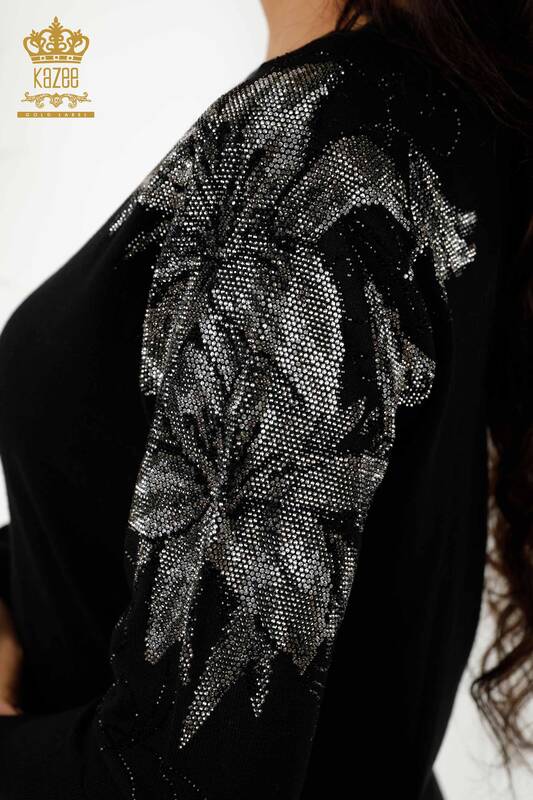 Wholesale Women's Knitwear Sweater Crystal Stone Embroidered Black - 30210 | KAZEE
