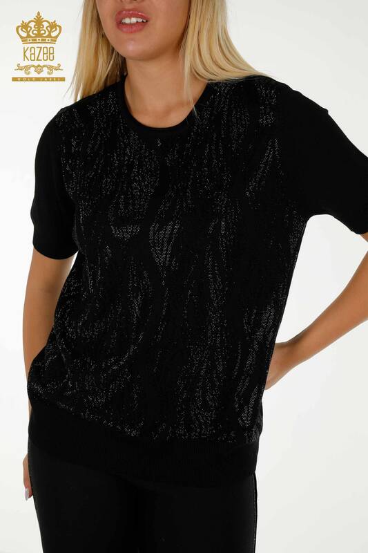 Wholesale Women's Knitwear Sweater Crystal Stone Embroidery Black - 30332 | KAZEE