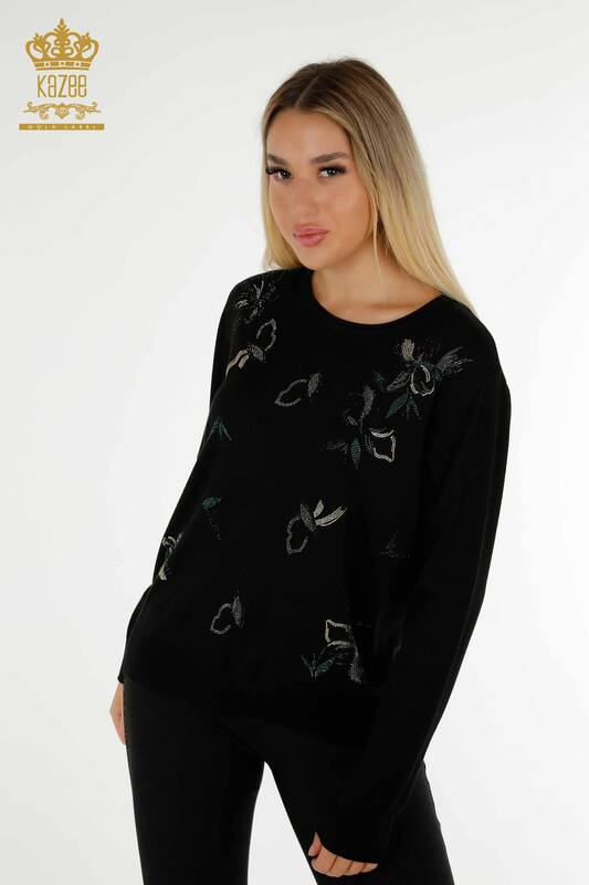 Wholesale Women's Knitwear Sweater Black with Crystal Stone Embroidery - 30467 | KAZEE