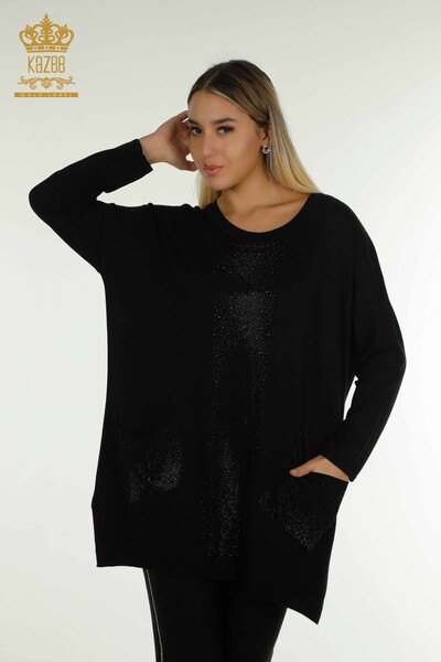 Wholesale Women's Knitwear Sweater Black with Crystal Stone Embroidery - 30602 | KAZEE - Thumbnail