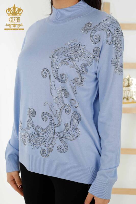 Wholesale Women's Knitwear Sweater Crystal Stone Embroidered - Blue - 30013 | KAZEE