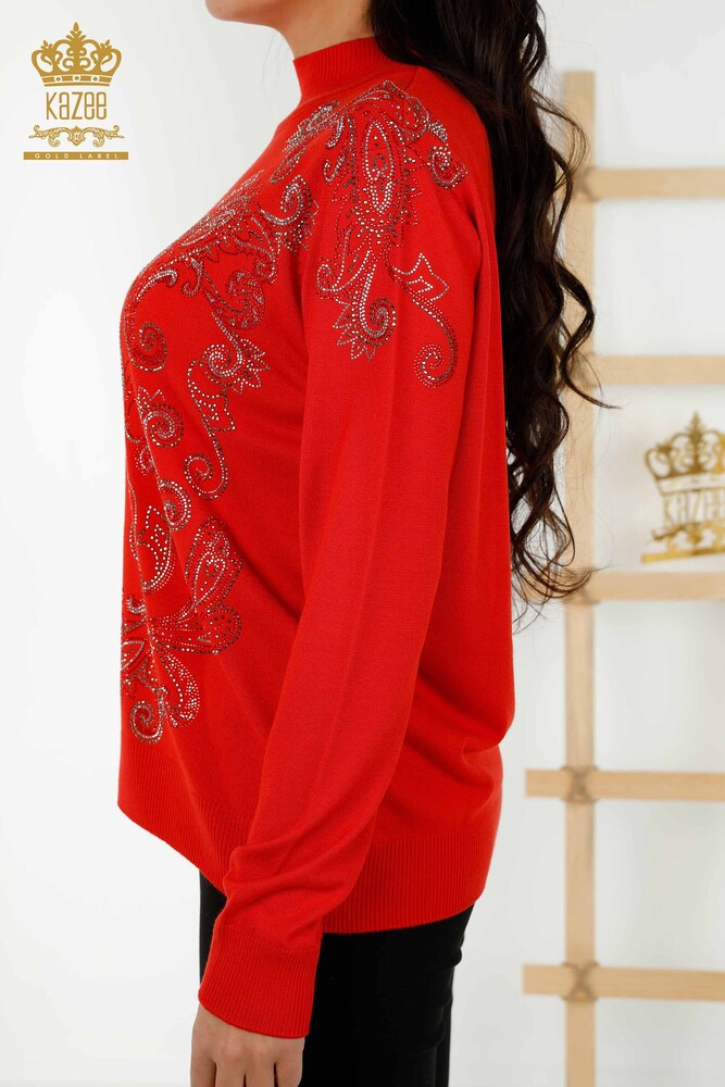 Wholesale Women's Knitwear Sweater Crystal Stone Embroidered Coral - 30013 | KAZEE - 4
