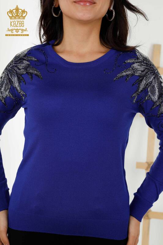 Wholesale Women's Knitwear Sweater Crystal Stone Embroidered Dark Blue - 30210 | KAZEE