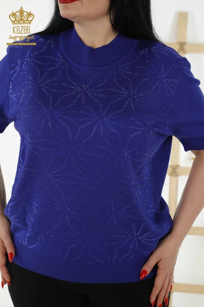 Wholesale Women's Knitwear Sweater - Crystal Stone Embroidered - Dark Blue - 30305 | KAZEE - Thumbnail
