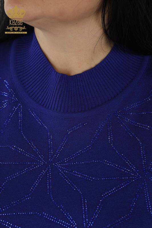 Wholesale Women's Knitwear Sweater - Crystal Stone Embroidered - Dark Blue - 30305 | KAZEE