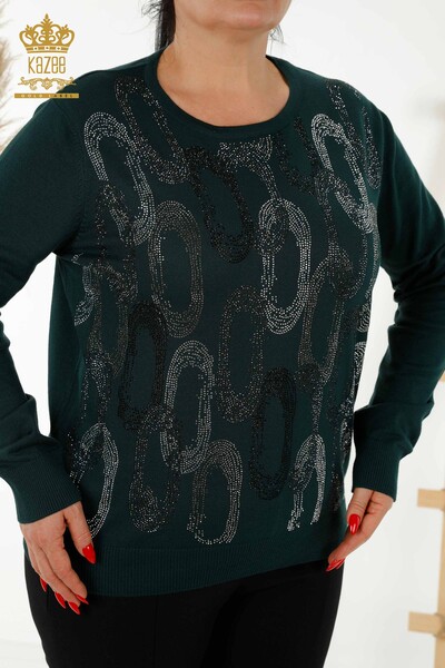 Wholesale Women's Knitwear Sweater - Crystal Stone Embroidered - Dark Green - 16964 | KAZEE - Thumbnail
