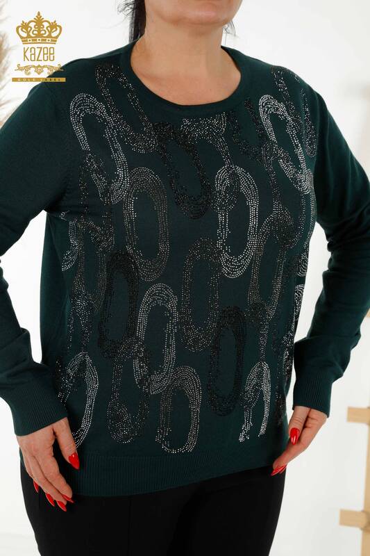 Wholesale Women's Knitwear Sweater - Crystal Stone Embroidered - Dark Green - 16964 | KAZEE
