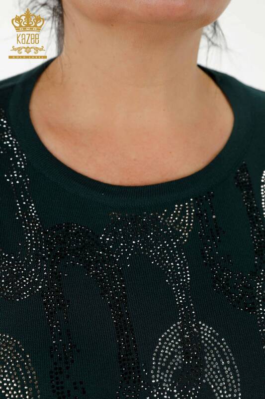 Wholesale Women's Knitwear Sweater - Crystal Stone Embroidered - Dark Green - 16964 | KAZEE