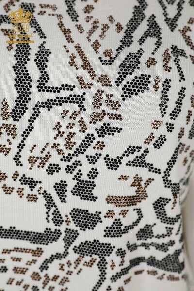 Wholesale Women's Knitwear Sweater Crystal Stone Embroidered Ecru - 30008 | KAZEE - 3