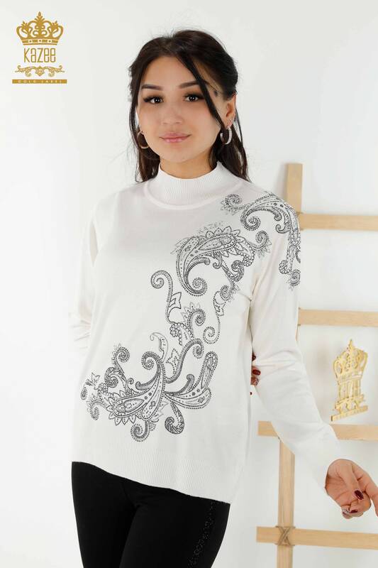Wholesale Women's Knitwear Sweater - Crystal Stone Embroidered - Ecru - 30013 | KAZEE