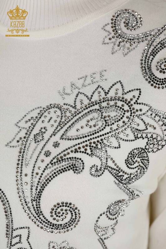 Wholesale Women's Knitwear Sweater - Crystal Stone Embroidered - Ecru - 30013 | KAZEE