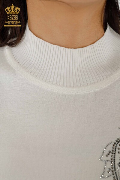 Wholesale Women's Knitwear Sweater - Crystal Stone Embroidered - Ecru - 30013 | KAZEE - Thumbnail
