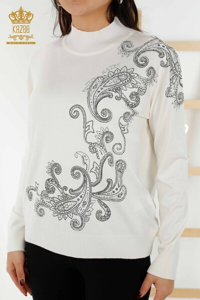 Wholesale Women's Knitwear Sweater - Crystal Stone Embroidered - Ecru - 30013 | KAZEE - 2