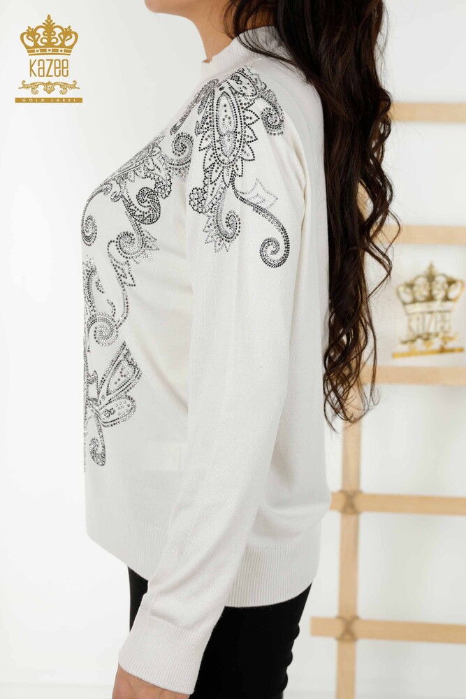 Wholesale Women's Knitwear Sweater - Crystal Stone Embroidered - Ecru - 30013 | KAZEE - 6