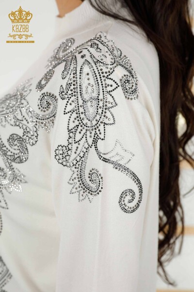 Wholesale Women's Knitwear Sweater - Crystal Stone Embroidered - Ecru - 30013 | KAZEE - 7