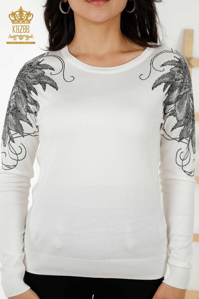 Wholesale Women's Knitwear Sweater Crystal Stone Embroidered Ecru - 30210 | KAZEE - Thumbnail