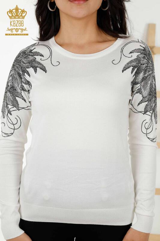 Wholesale Women's Knitwear Sweater Crystal Stone Embroidered Ecru - 30210 | KAZEE