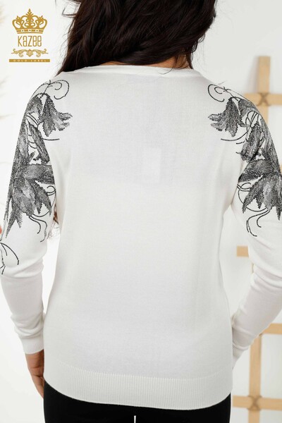 Wholesale Women's Knitwear Sweater Crystal Stone Embroidered Ecru - 30210 | KAZEE - Thumbnail