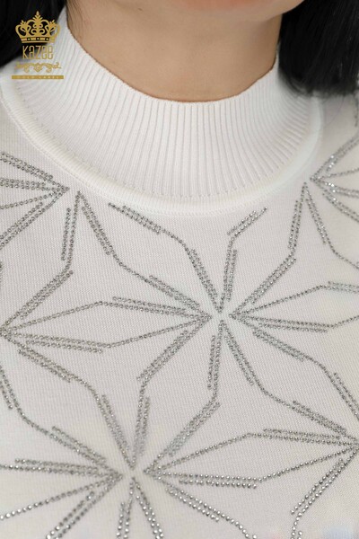 Wholesale Women's Knitwear Sweater - Crystal Stone Embroidered - Ecru - 30305 | KAZEE - Thumbnail