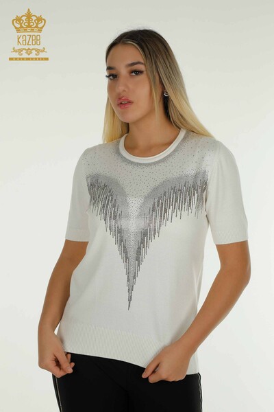 Wholesale Women's Knitwear Sweater Crystal Stone Embroidered Ecru - 30330 | KAZEE - Thumbnail