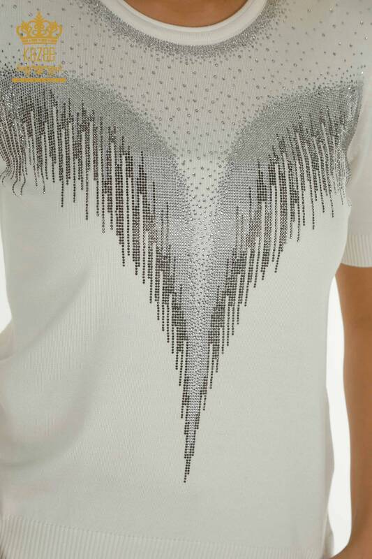 Wholesale Women's Knitwear Sweater Crystal Stone Embroidered Ecru - 30330 | KAZEE