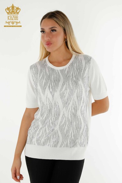 Wholesale Women's Knitwear Sweater Crystal Stone Embroidered Ecru - 30332 | KAZEE - Thumbnail