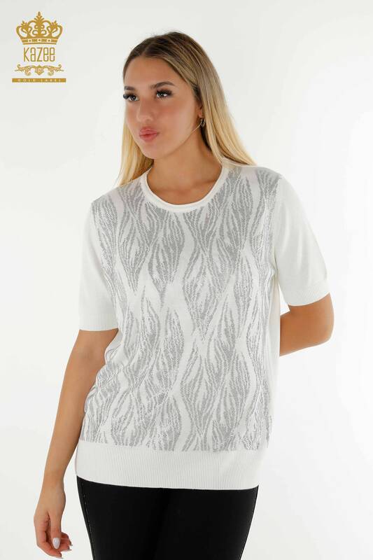 Wholesale Women's Knitwear Sweater Crystal Stone Embroidered Ecru - 30332 | KAZEE