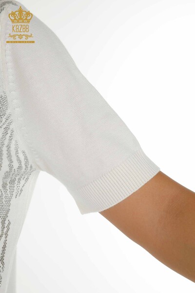 Wholesale Women's Knitwear Sweater Crystal Stone Embroidered Ecru - 30332 | KAZEE - Thumbnail