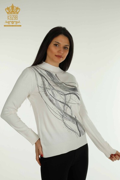 Wholesale Women's Knitwear Sweater Crystal Stone Embroidered Ecru - 30469 | KAZEE - Thumbnail