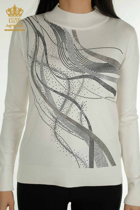 Wholesale Women's Knitwear Sweater Crystal Stone Embroidered Ecru - 30469 | KAZEE